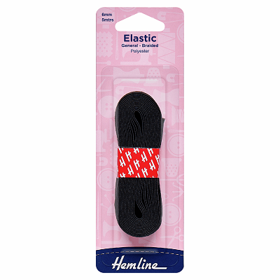 H621.6 General Purpose Braided Elastic: Black: 5m x 6mm
